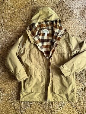 Vintage 80s 90s LL BEAN Tan Plaid Wool Lined Parka Jacket Size M